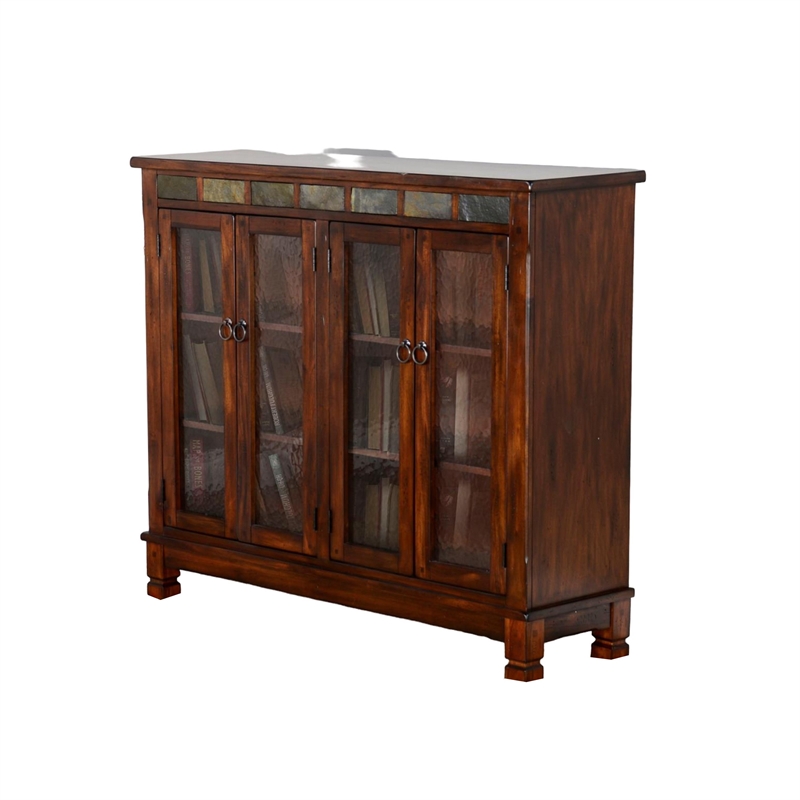 Odell Bookcase Cabinet- 4 Beehive Glass Doors- Slate Inlay Dark Brown
