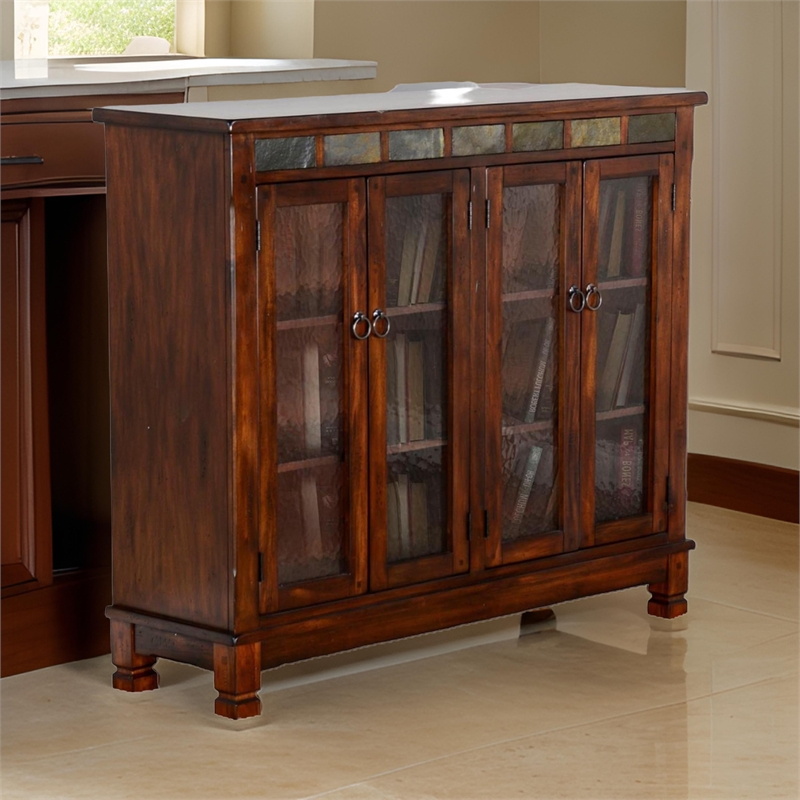 Odell Bookcase Cabinet- 4 Beehive Glass Doors- Slate Inlay Dark Brown