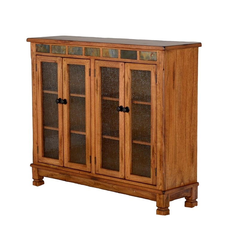 Marv Bookcase Cabinet- 4 Waterfall Glass Doors Slate Inlay Light Brown