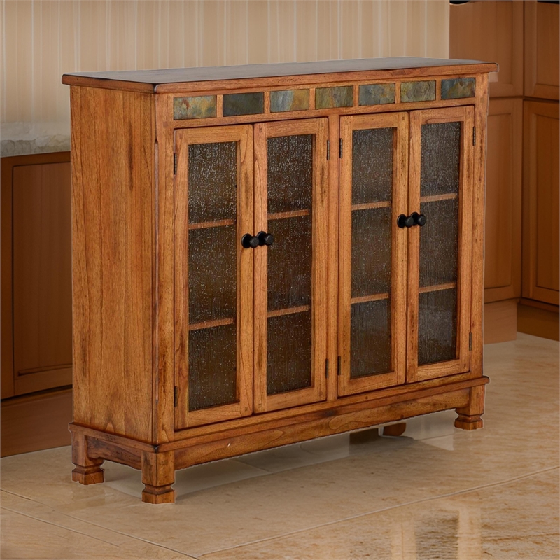 Marv Bookcase Cabinet- 4 Waterfall Glass Doors Slate Inlay Light Brown