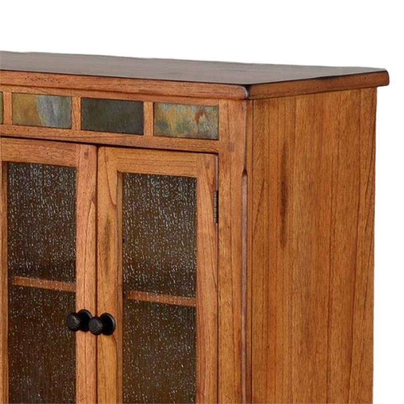Marv Bookcase Cabinet- 4 Waterfall Glass Doors Slate Inlay Light Brown