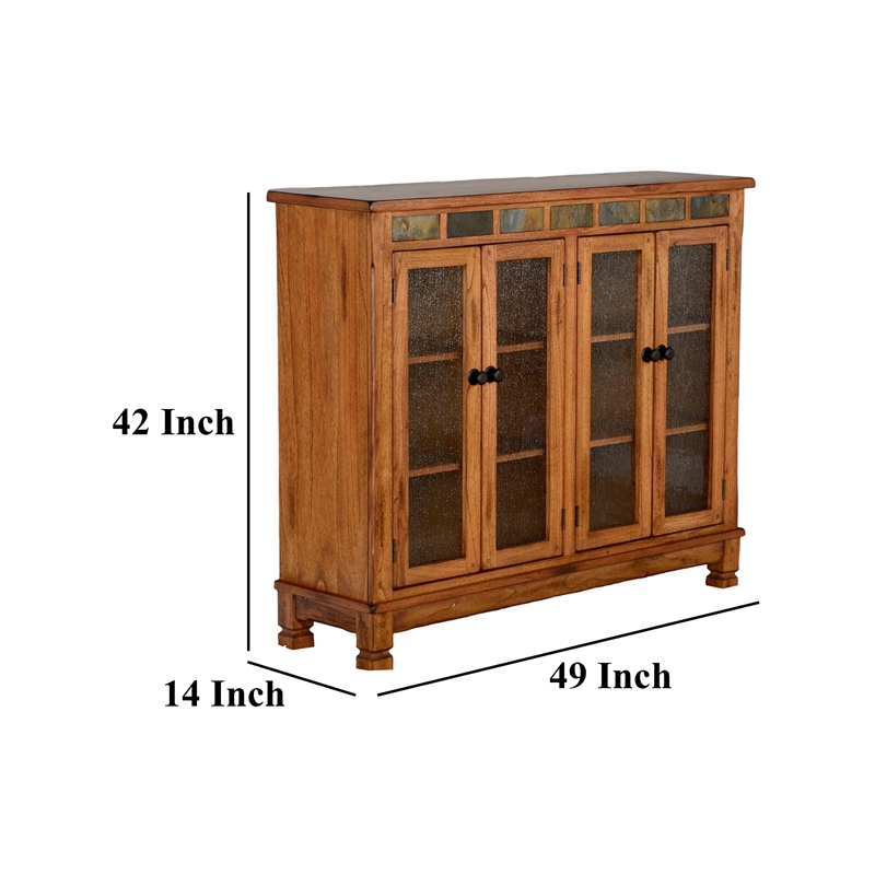 Marv Bookcase Cabinet- 4 Waterfall Glass Doors Slate Inlay Light Brown
