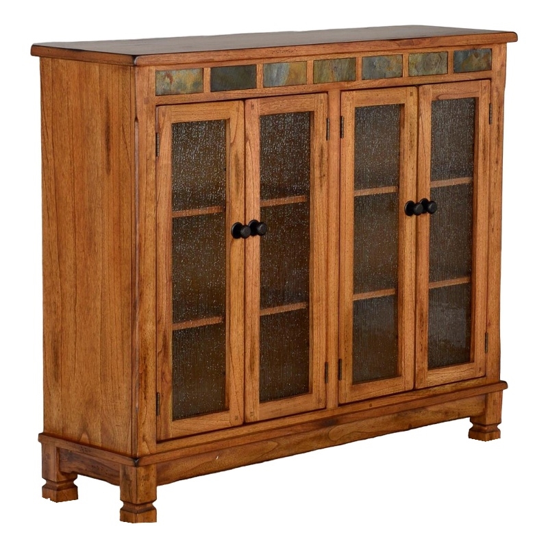 Marv Bookcase Cabinet- 4 Waterfall Glass Doors Slate Inlay Light Brown