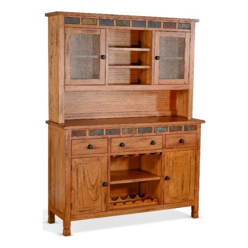 Marv Accent Buffet and Hutch- Stemware- 3 Drawers- 4 Cabinets- Brown