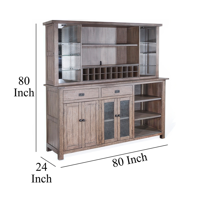 Yael Buffet- Hutch Bar Cabinet- LED Display Shelf- 80 Inch Brown Wood