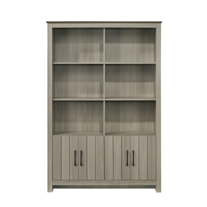 Nena Bookcase with 6 Shelves and 4 Cabinet Doors- Gray Wood 71 Inch