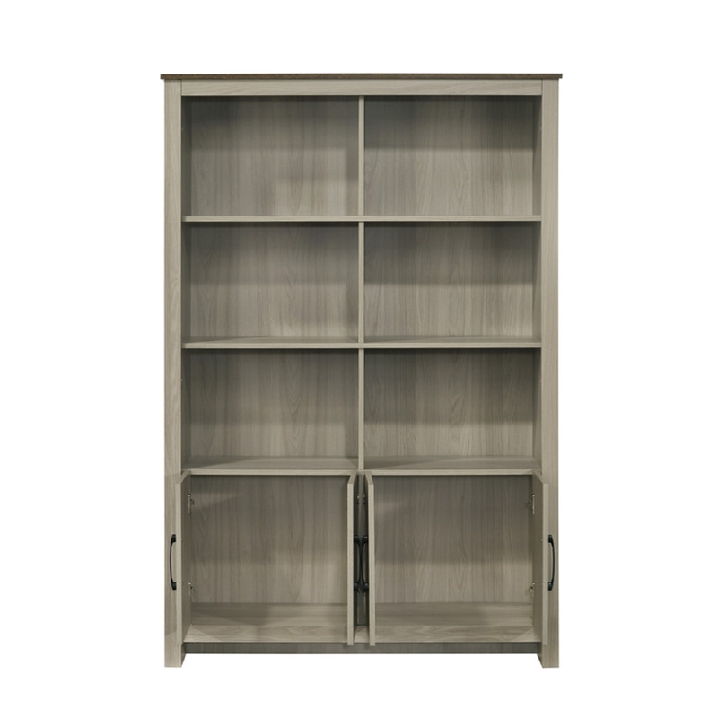 Nena Bookcase with 6 Shelves and 4 Cabinet Doors- Gray Wood 71 Inch
