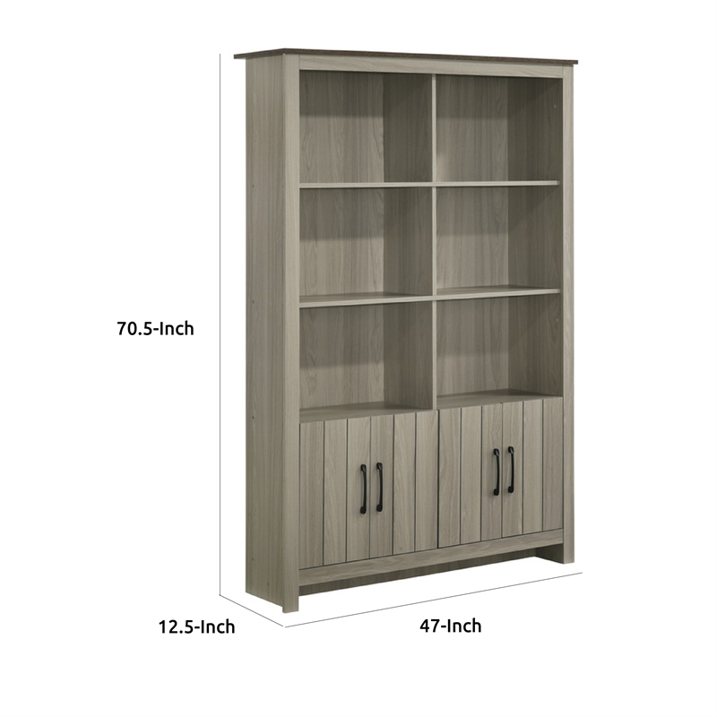 Nena Bookcase with 6 Shelves and 4 Cabinet Doors- Gray Wood 71 Inch