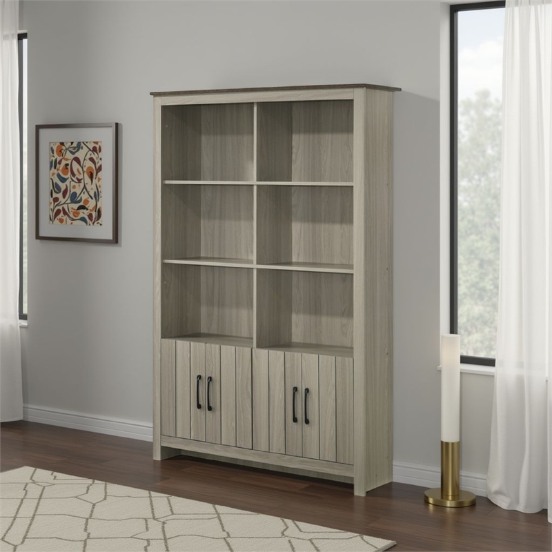 Nena Bookcase with 6 Shelves and 4 Cabinet Doors- Gray Wood 71 Inch