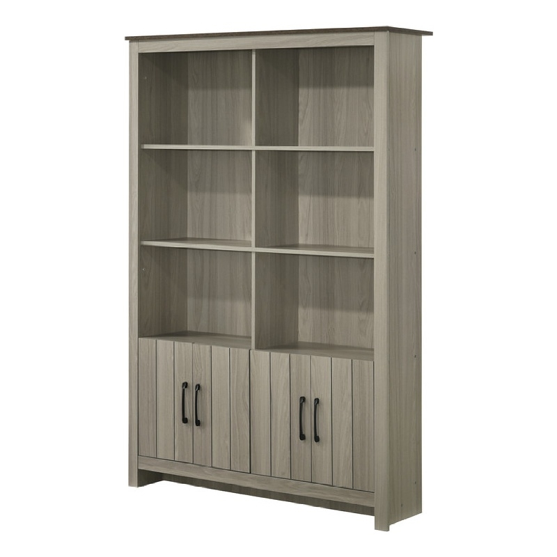 Nena Bookcase with 6 Shelves and 4 Cabinet Doors- Gray Wood 71 Inch