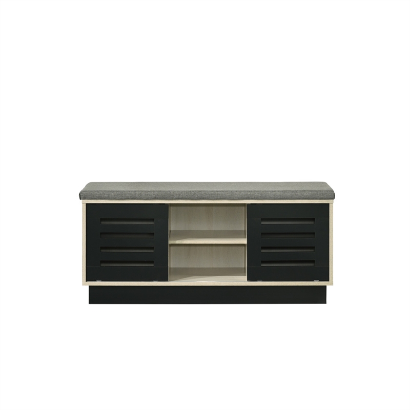 Moxie Shoe Cabinet- Black Sliding Doors- Fabric Top- Oak Wood 39 Inch