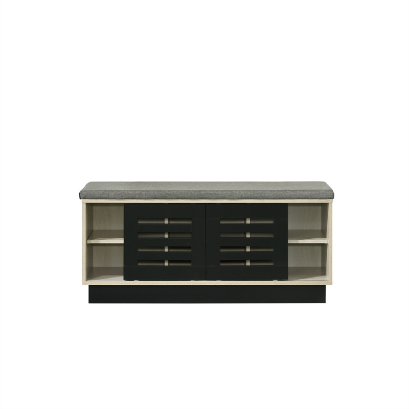 Moxie Shoe Cabinet- Black Sliding Doors- Fabric Top- Oak Wood 39 Inch