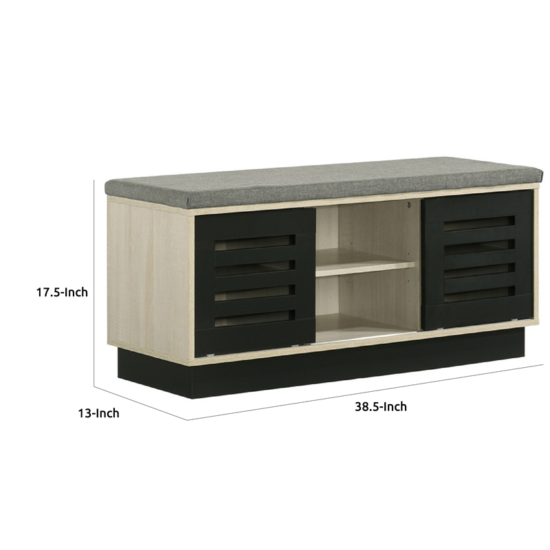 Moxie Shoe Cabinet- Black Sliding Doors- Fabric Top- Oak Wood 39 Inch