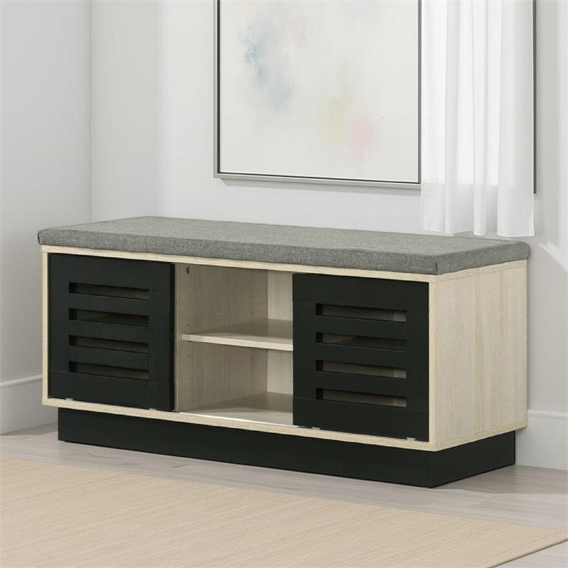 Moxie Shoe Cabinet- Black Sliding Doors- Fabric Top- Oak Wood 39 Inch