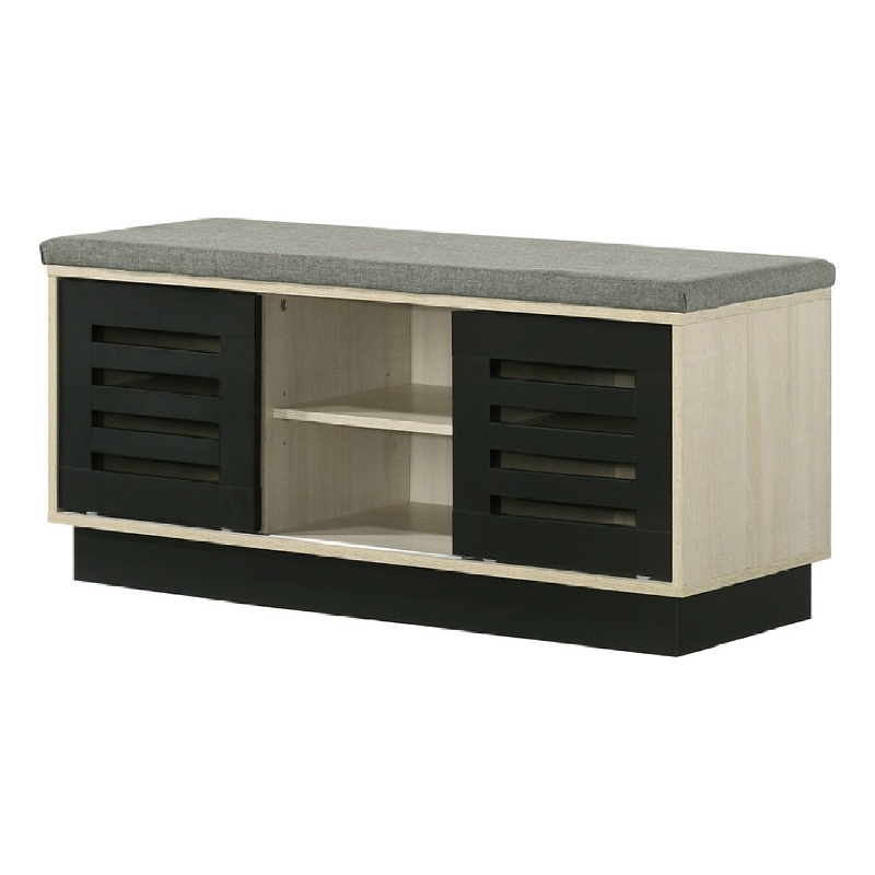 Moxie Shoe Cabinet- Black Sliding Doors- Fabric Top- Oak Wood 39 Inch