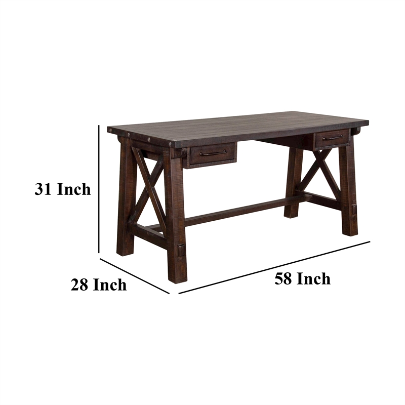 Anva Writing Desk- 2 Drawers- X Motif Panels- Dark Brown 58 Inch Top
