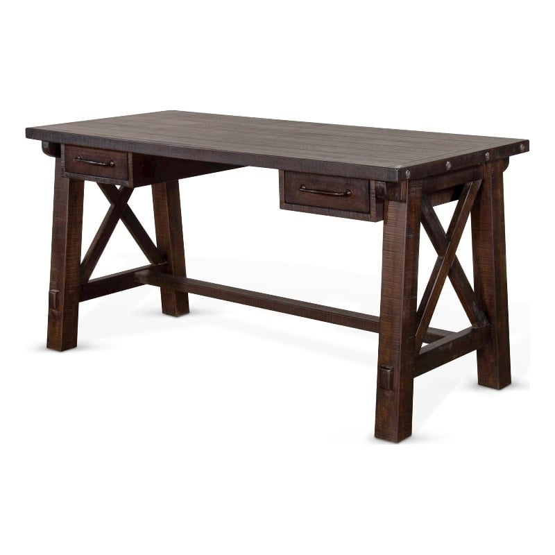 Anva Writing Desk- 2 Drawers- X Motif Panels- Dark Brown 58 Inch Top