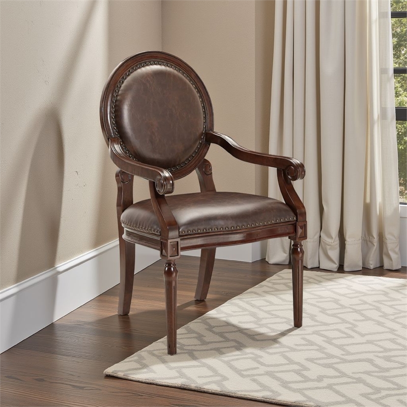 Alder Desk Armchair- Dark Brown Faux Leather- Solid Wood and Foam