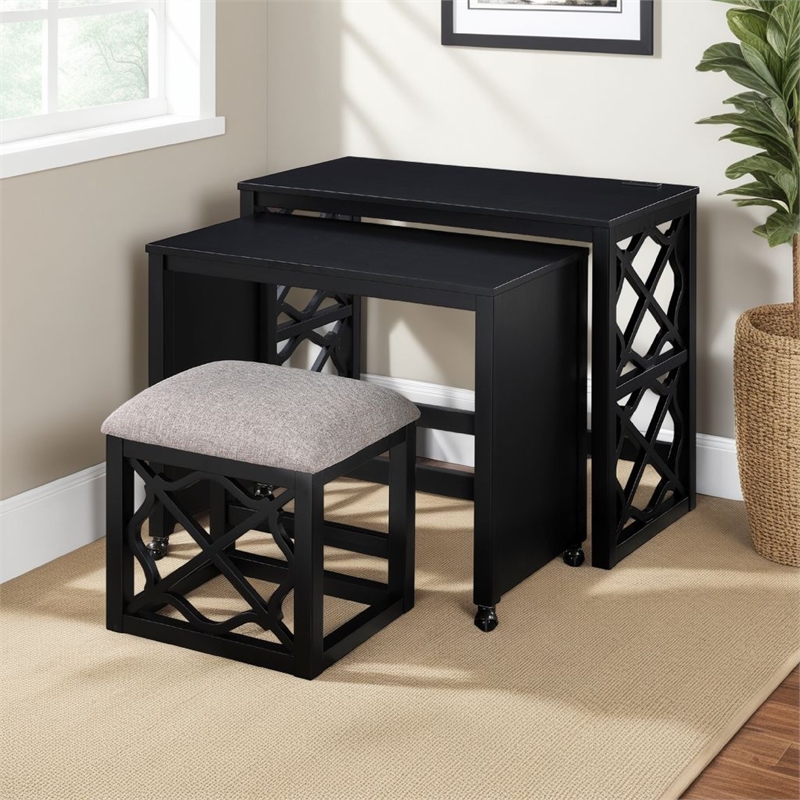 Syna 3 Piece Nesting Desk and Stool Set- Black Wood- Gray Polyester