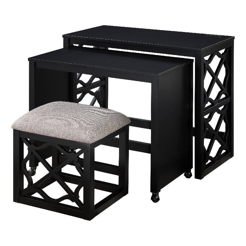 Syna 3 Piece Nesting Desk and Stool Set- Black Wood- Gray Polyester