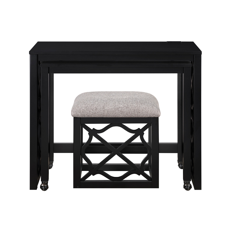 Syna 3 Piece Nesting Desk and Stool Set- Black Wood- Gray Polyester