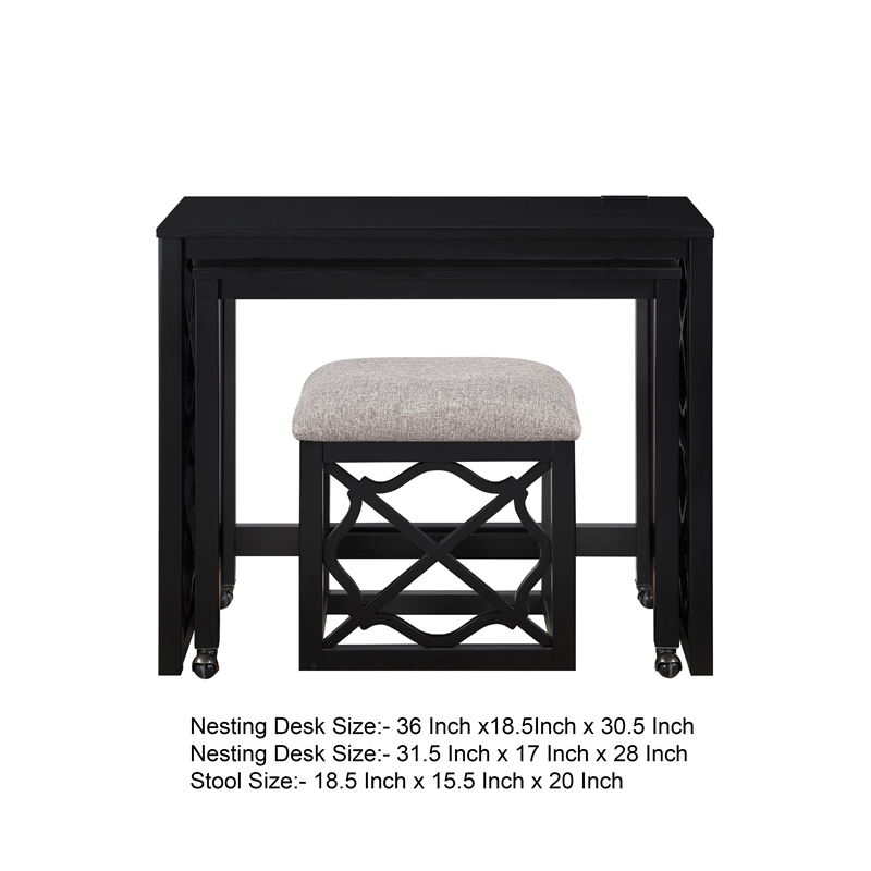 Syna 3 Piece Nesting Desk and Stool Set- Black Wood- Gray Polyester
