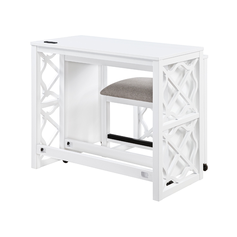 Syna 3 Piece Nesting Desk and Stool Set- White Wood- Gray Polyester