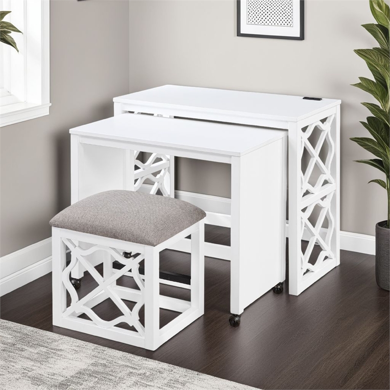 Syna 3 Piece Nesting Desk and Stool Set- White Wood- Gray Polyester