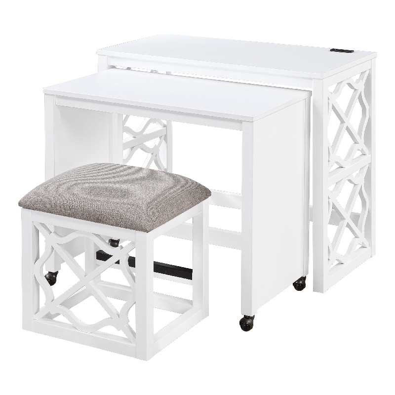 Syna 3 Piece Nesting Desk and Stool Set- White Wood- Gray Polyester