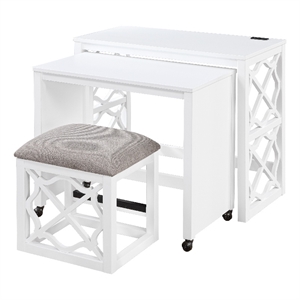 Syna 3 Piece Nesting Desk and Stool Set- White Wood- Gray Polyester
