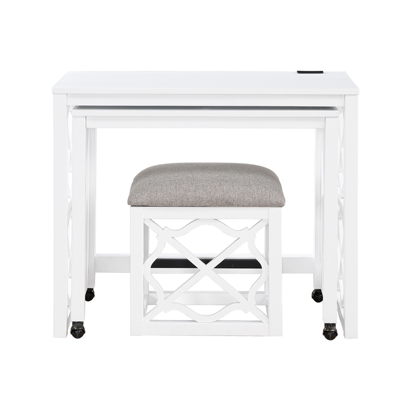 Syna 3 Piece Nesting Desk and Stool Set- White Wood- Gray Polyester
