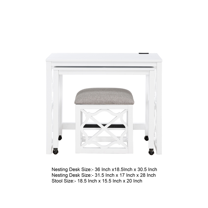 Syna 3 Piece Nesting Desk and Stool Set- White Wood- Gray Polyester