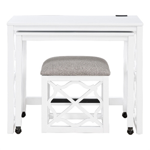 Syna 3 Piece Nesting Desk and Stool Set- White Wood- Gray Polyester