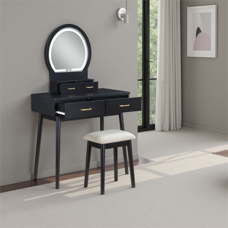 Anvy Vanity Desk Set with Mirror and Stool- 4 Drawers- Black Wood