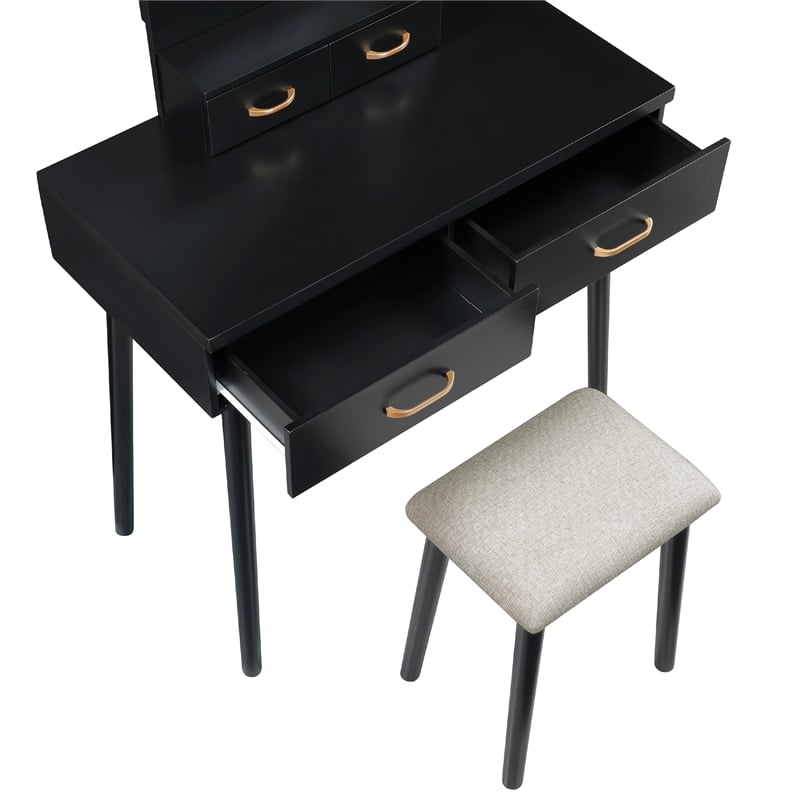 Anvy Vanity Desk Set with Mirror and Stool- 4 Drawers- Black Wood