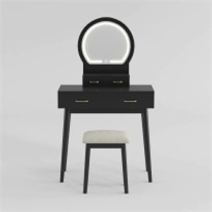 Anvy Vanity Desk Set with Mirror and Stool- 4 Drawers- Black Wood