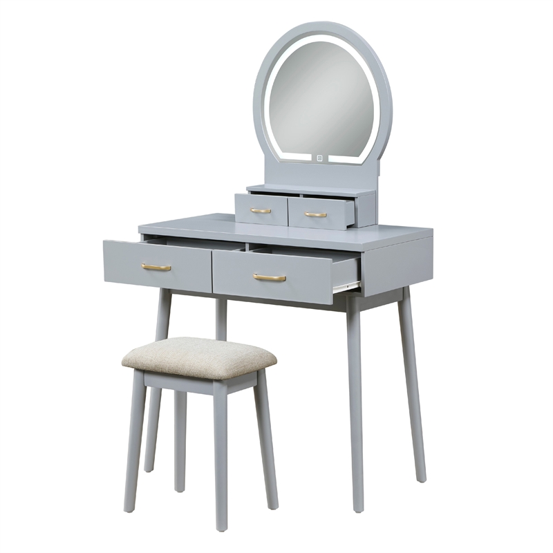 Anvy Vanity Desk Set with Mirror and Stool- 4 Drawers- Gray Wood