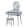 Anvy Vanity Desk Set with Mirror and Stool- 4 Drawers- Gray Wood