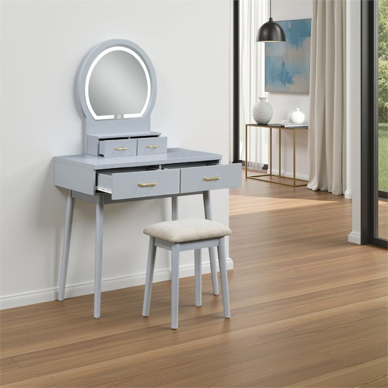 Anvy Vanity Desk Set with Mirror and Stool- 4 Drawers- Gray Wood
