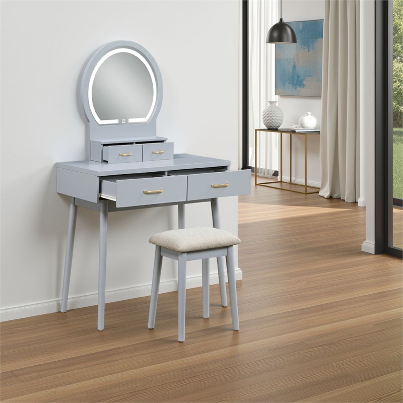 Anvy Vanity Desk Set with Mirror and Stool- 4 Drawers- Gray Wood