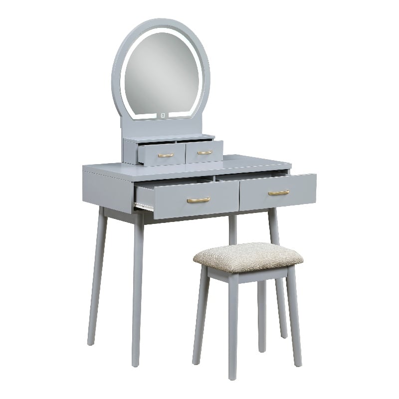 Anvy Vanity Desk Set with Mirror and Stool- 4 Drawers- Gray Wood