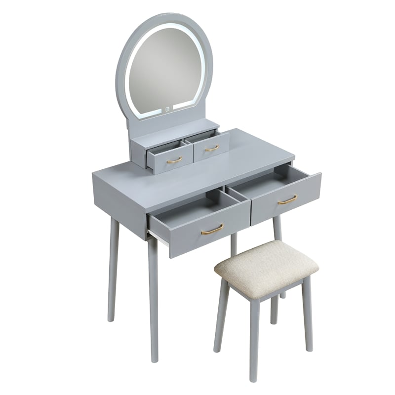 Anvy Vanity Desk Set with Mirror and Stool- 4 Drawers- Gray Wood