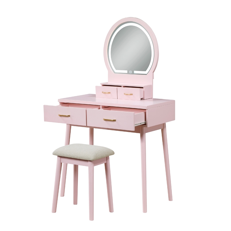 Anvy Vanity Desk Set with Mirror and Stool- 4 Drawers- Pink Wood
