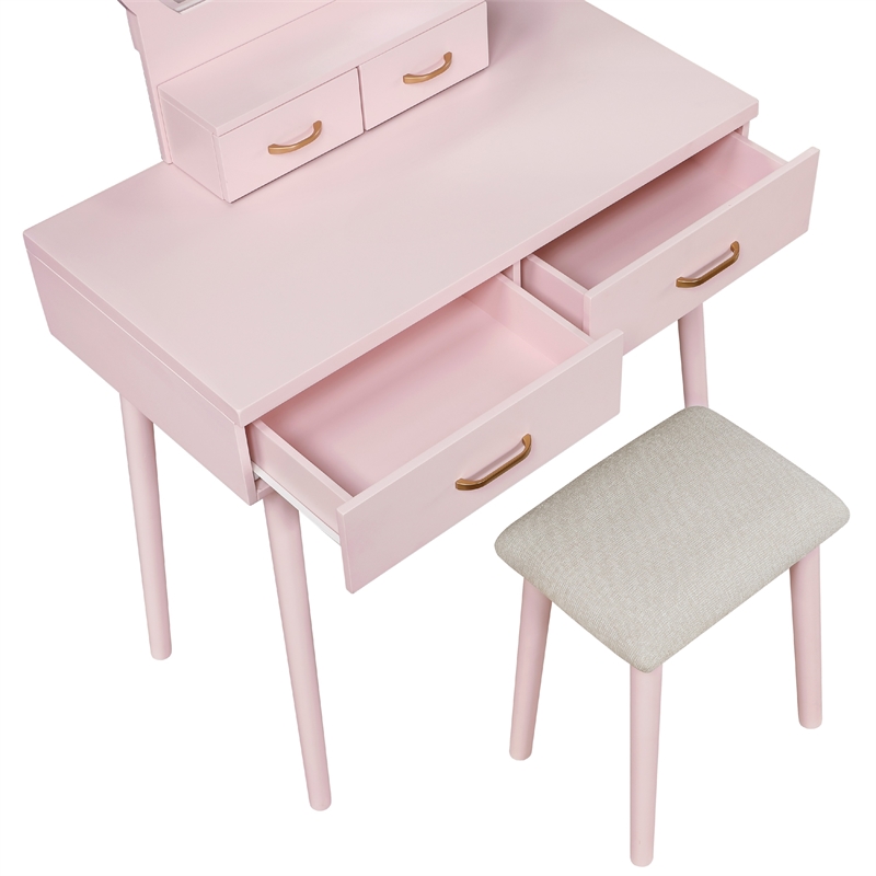Anvy Vanity Desk Set with Mirror and Stool- 4 Drawers- Pink Wood