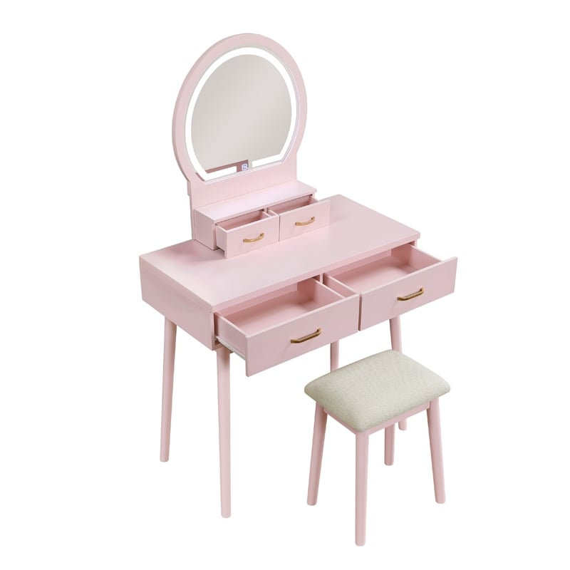 Anvy Vanity Desk Set with Mirror and Stool- 4 Drawers- Pink Wood