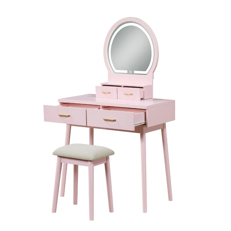 Anvy Vanity Desk Set with Mirror and Stool- 4 Drawers- Pink Wood
