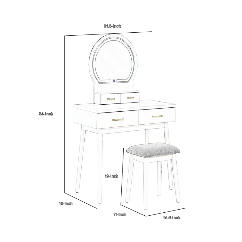 Anvy Vanity Desk Set with Mirror and Stool- 4 Drawers- Pink Wood