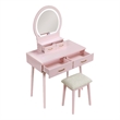 Anvy Vanity Desk Set with Mirror and Stool- 4 Drawers- Pink Wood