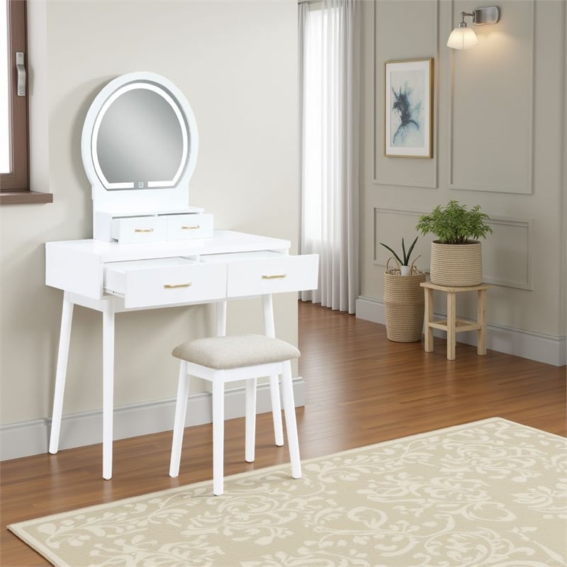 Anvy Vanity Desk Set with Mirror and Stool- 4 Drawers- White Wood