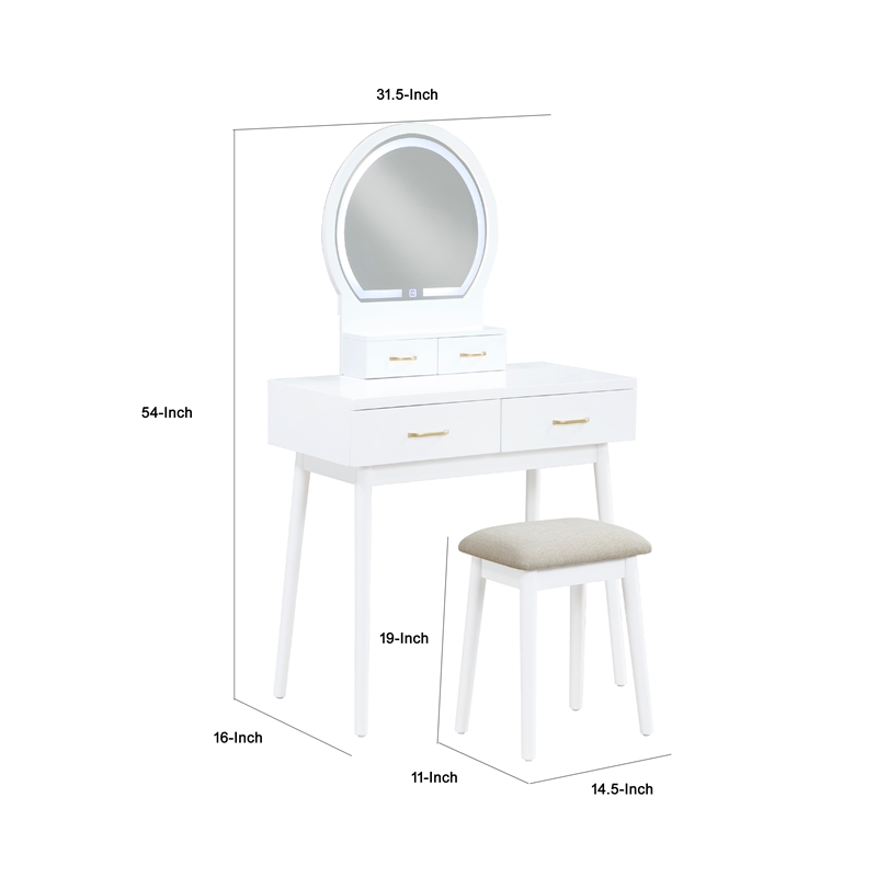 Anvy Vanity Desk Set with Mirror and Stool- 4 Drawers- White Wood